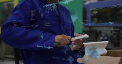 Factory technician sculpting foam component using rasp during manual assembly, digital overlays