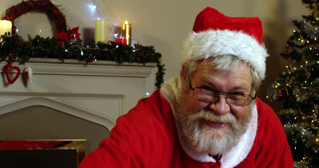 A Caucasian senior man dressed as Santa Claus is smiling warmly, with copy space. His festive attire and the decorated Christmas tree in the background evoke the holiday spirit.
