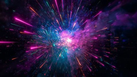 Radiating neon supernova burst sending colorful streaks through deep cosmic nebula glow