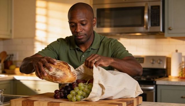 Black man unpacking artisan bread and grapes on butcher-block in sunlit kitchen