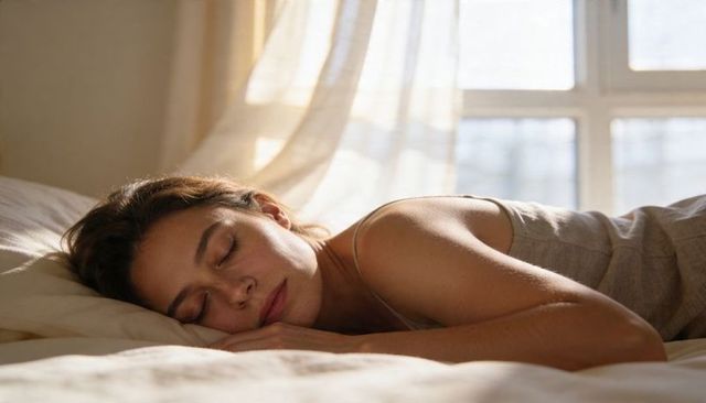 Young woman sleeping peacefully in sunlit bedroom with sheer curtains and soft linens