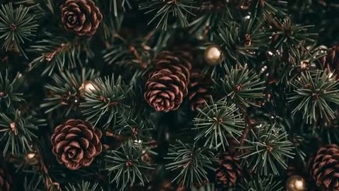 Macro Zooming on Pine Cone and Gold Baubles on Evergreen Branch for Holiday Closeup Video