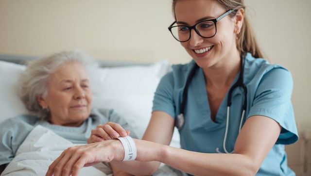 Smiling nurse adjusting patient id wristband on senior in hospital bed, compassionate care