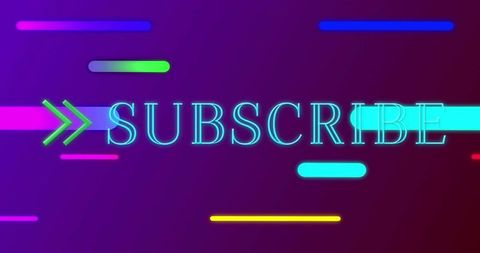 Neon subscribe cta with green double chevrons and pulsing colorful bars on dark gradient