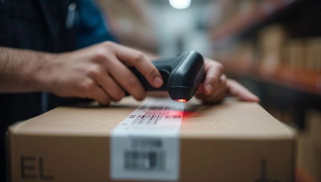 Warehouse worker scanning barcode on shipping box with handheld scanner in warehouse aisle