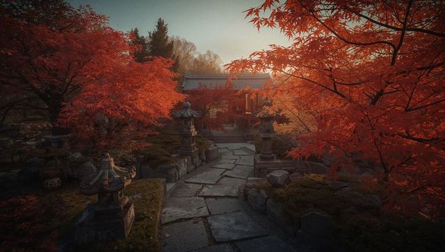 Serene japanese garden in autumn with stone pathway