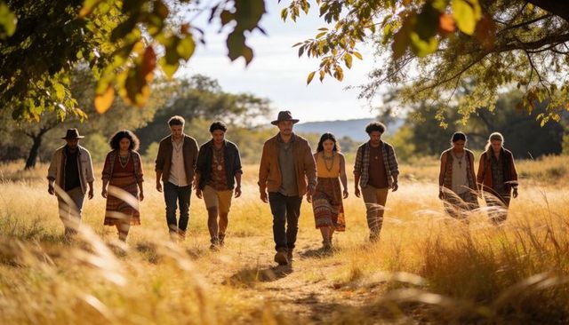 Walking together through golden savanna at sunset, diverse group on autumn journey