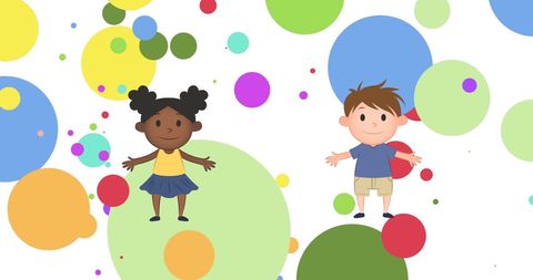 Cartoon Children Celebrating with Colorful Circles