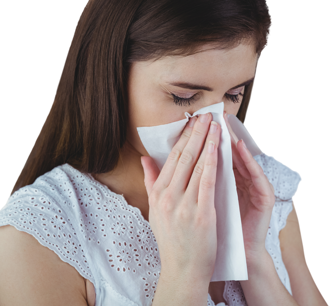 Caucasian Woman Using Tissue for Sneezing on Transparent Background - Download Free Stock Videos Pikwizard.com