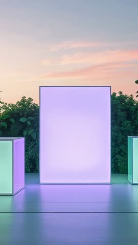 Vertical video: Cycling neon cube shifting pink purple blue on reflective platform with mint cubes, 