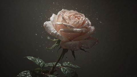 Pale Pink Rose with Water Droplets Against Dark Background