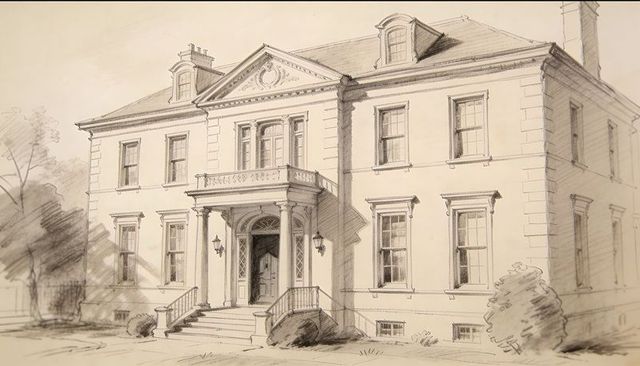 Neoclassical mansion architectural sketch with pedimented portico and classical columns