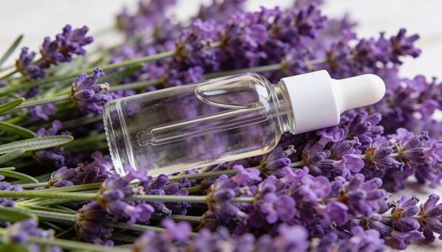 Clear dropper bottle on lavender sprigs with white pipette for essential oil and skincare