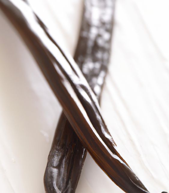This image features a close-up view of two vanilla beans placed on a light background. Ideal to illustrate articles, blogs, or recipes focused on cooking, baking, natural ingredients, and organic products. Perfect for food magazines, culinary websites, and educational materials about spices.