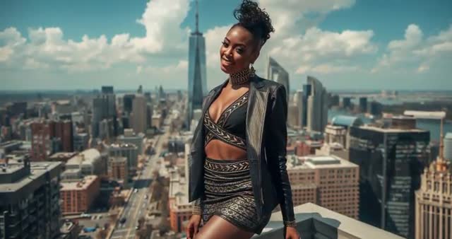 Confident Model Posing on Rooftop with Cityscape Background