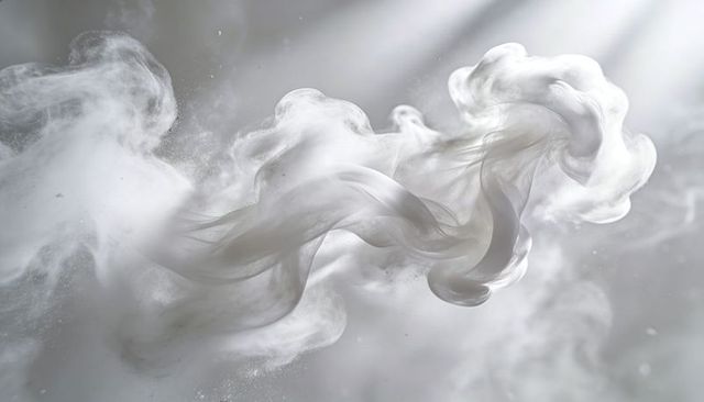 Ethereal white smoke ribbon flowing through diffused top-right light with floating particles