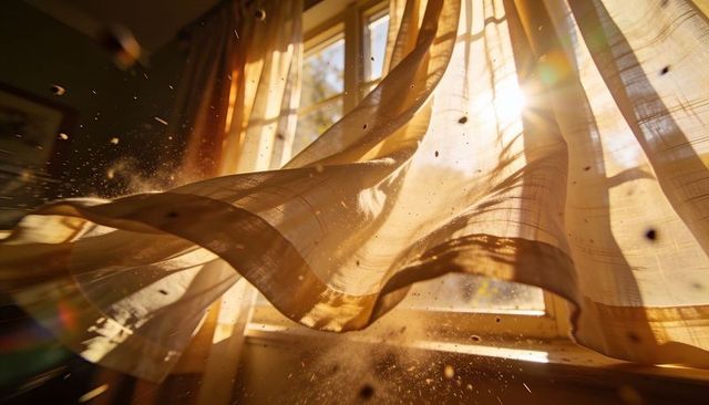 Sunlit sheer curtain billowing over open window with dust motes and warm golden light