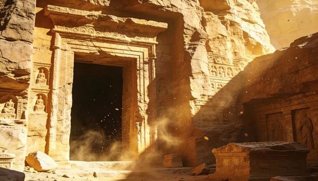 Sunlit carved rock temple entrance with dust swirl and ornate lintel in red desert canyon