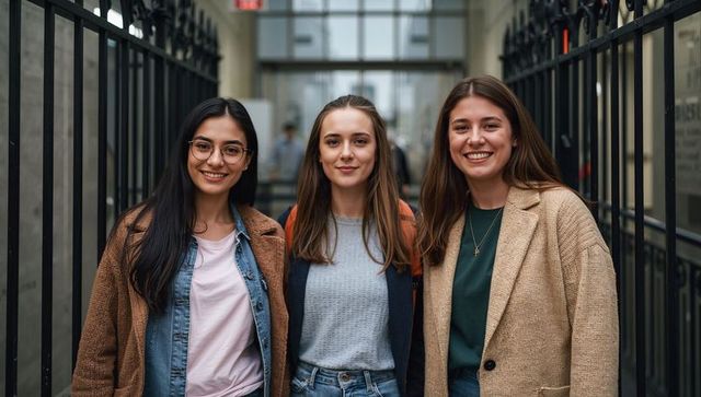 Smiling young women standing in campus corridor wearing coats, backpacks and casual eyewear
