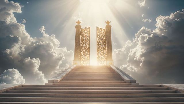 Majestic Golden Gates Leading to Cloudscape with Divine Sunbeams