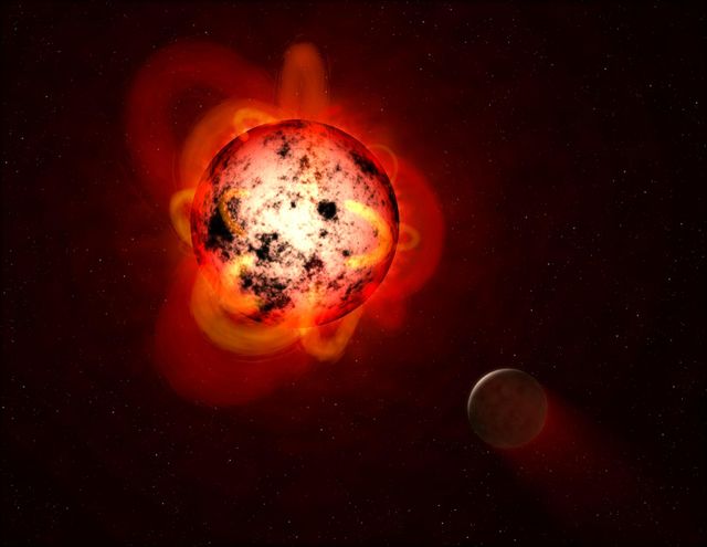 This illustration shows a red dwarf star orbited by a hypothetical exoplanet. Red dwarfs tend to be magnetically active, displaying gigantic arcing prominences and a wealth of dark sunspots. Red dwarfs also erupt with intense flares that could strip a nearby planet's atmosphere over time, or make the surface inhospitable to life as we know it.  By mining data from the Galaxy Evolution Explorer (GALEX) spacecraft, a team of astronomers identified dozens of flares at a range of durations and strengths. The team measured events with less total energy than many previously detected flares from red dwarfs. This is important because, although individually less energetic and therefore less hostile to life, smaller flares might be much more frequent and add up over time to produce a cumulative effect on an orbiting planet.   https://photojournal.jpl.nasa.gov/catalog/PIA21473