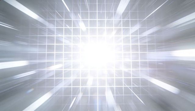 Radiant metallic grid core radiating radial light streaks through chrome lattice tunnel