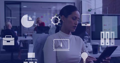 Businesswoman Using Tablet with Virtual Icons in Office - Download Free Stock Images Pikwizard.com