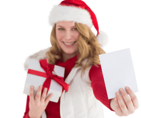 Smiling Woman in Santa Hat Showing Card and Gift on Transparent Background