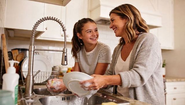 Mother and teen daughter washing dishes together smiling at kitchen sink
