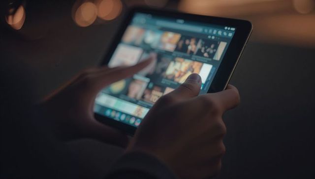 Hands Tapping Backlit Tablet at Night Showing Media Thumbnails with Warm Bokeh and Cozy Glow