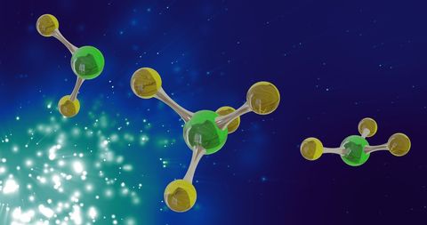 Abstract Molecule Models with Light Trails on Blue Background
