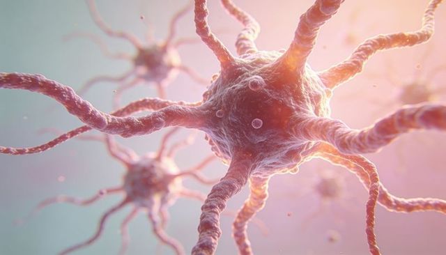 Glowing neuron network revealing radiating dendrites and synaptic vesicles
