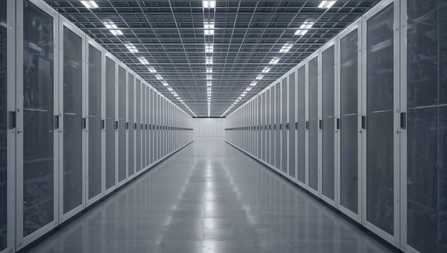 Converging Data Center Aisle with Symmetrical Server Racks and Mesh Doors, Futuristic
