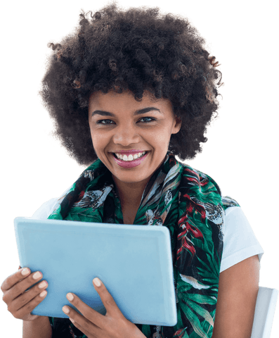 Happy young woman using tablet on transparent background