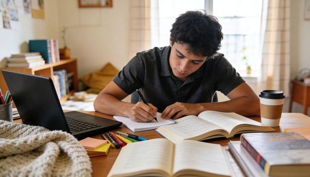 College student studying at desk with laptop coffee and open textbooks preparing for exams