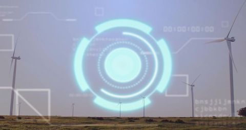 Projecting cyan holographic hud over wind farm monitoring renewable energy metrics