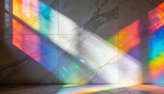 Prismatic sunlight casting rainbow bands on marble wall and tile floor