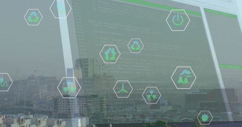 Digital Data Processing with Eco Icons Over Modern Cityscape - Download Free Stock Images Pikwizard.com