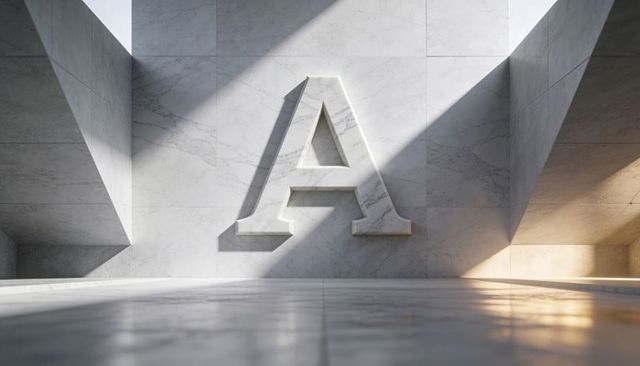 Monumental letter a carved in marble wall with skylight shadows and sleek minimalism
