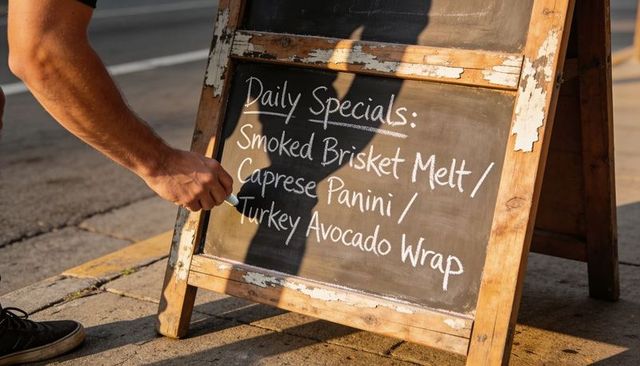 Writing daily specials on rustic chalkboard outside cafe on sunlit city sidewalk