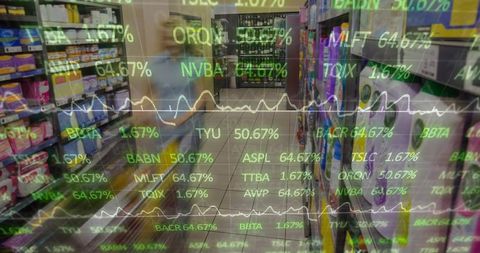 Walking Shopper Pushing Cart Down Supermarket Aisle with Stock Market Ticker Data Overlay