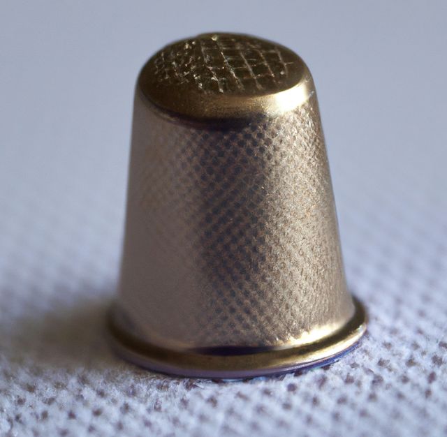 Image of close up of silver thimble on purple fabric background. Clothing, sewing and tailoring concept.