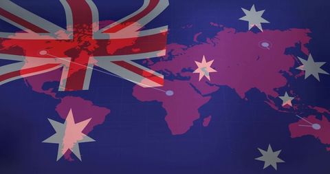 Union jack overlay on world map with australian stars and global network lines
