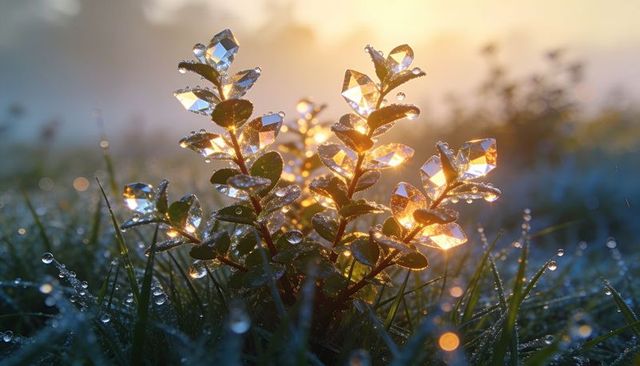 Glowing dew-crystal leaves catching sunrise light in meadow macro with bokeh