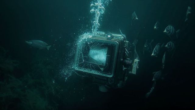 Sinking cracked metal housing releasing bubbles among kelp and schooling fish, moody sea scene