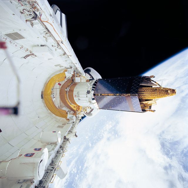 STS043-72-002 (2 Aug 1991) --- The Tracking and Data Relay Satellite (TDRS-E), leaves the payload bay of the earth-orbiting Atlantis a mere six hours after the Space Shuttle was launched from Pad 39A at Kennedy Space Center, Florida. TDRS, built by TRW, will be placed in a geosynchronous orbit and after on-orbit testing, which requires several weeks, will be designated TDRS-5.  The communications satellite will replace TDRS-3 at 174 degrees West longitude.  The backbone of NASA's space-to-ground communications, the Tracking and Data Relay satellites have increased NASA's ability to send and receive data to spacecraft in low-earth orbit to more than 85 percent of the time.  The five astronauts of the STS 43 mission are John E. Blaha, mission commander, Michael A. Baker, pilot, and Shannon W. Lucid, G. David Low, and James C. Adamson, all mission specialists.