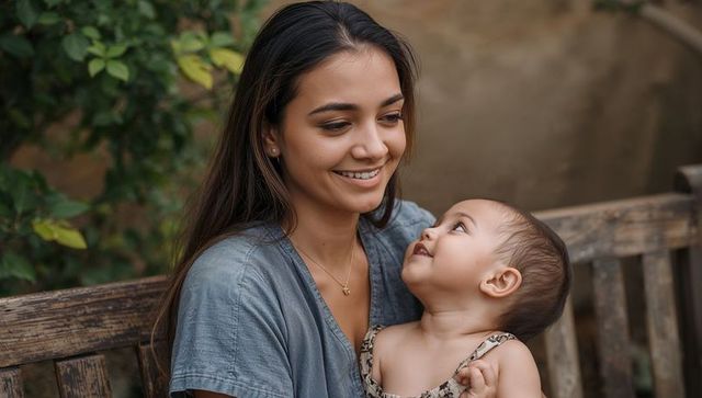 Young mother smiling with infant on rustic garden bench sharing warm loving gaze in natural light
