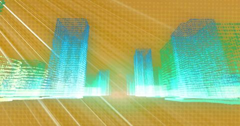 Futuristic digital cityscape with light trails
