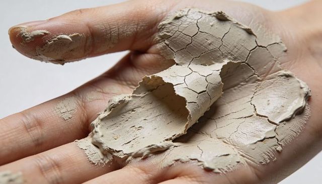 Hand holding peeling dried clay mask with cracked mud texture close-up for skincare