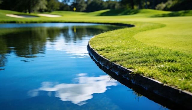 Curved stone shoreline framing reflective pond with cloud reflection and manicured green